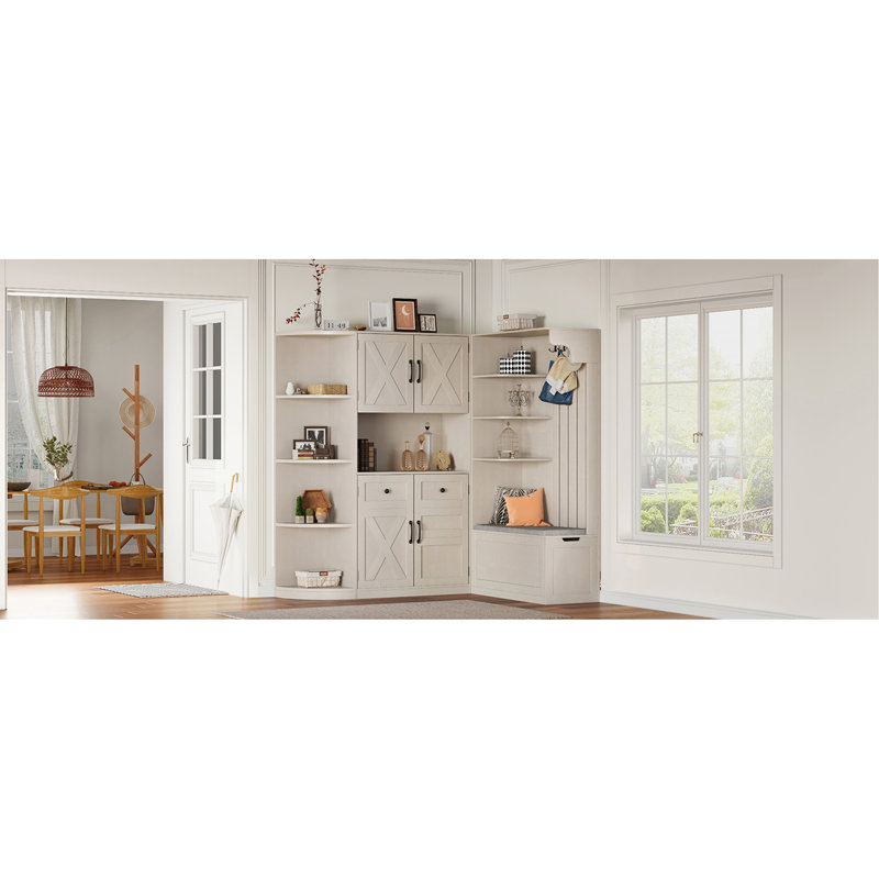 Multifunctional Left-Right Combination Hall Cabinet (Can Be Used Separately) With Storage And 4 Hooks, Storage Cabinet/ Hall Tree 2 In 1 For Living Room, Kitchen And Hallway
