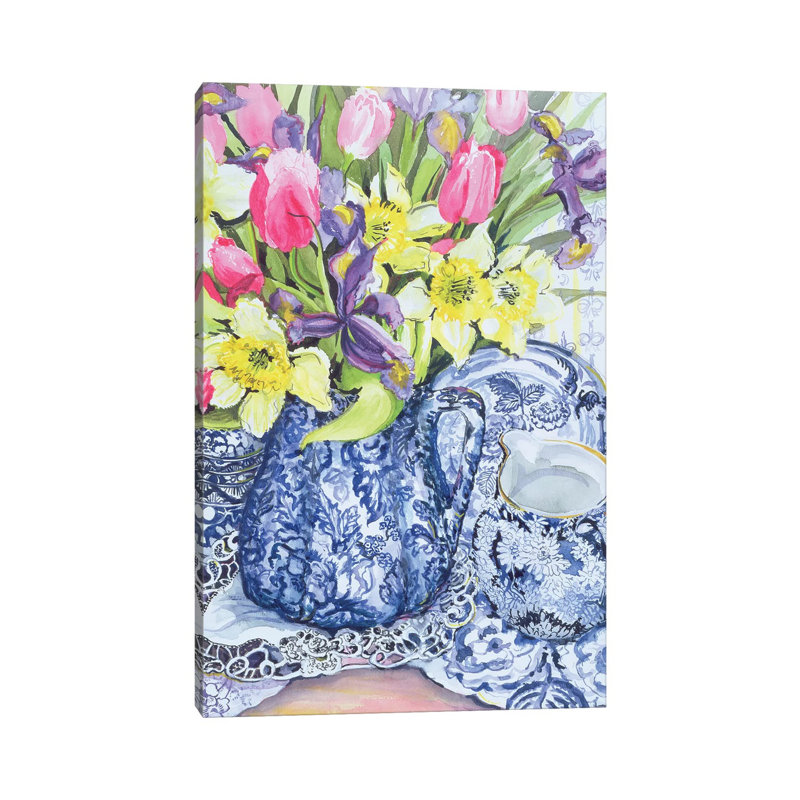 Daffodils, Tulips And Irises With Blue Antique Pots by Joan Thewsey - Wrapped Canvas Print