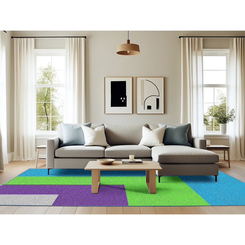 Tapis bleu/vert/mauve à motif Nässjö, Rectangle 6 pi x 9 pi