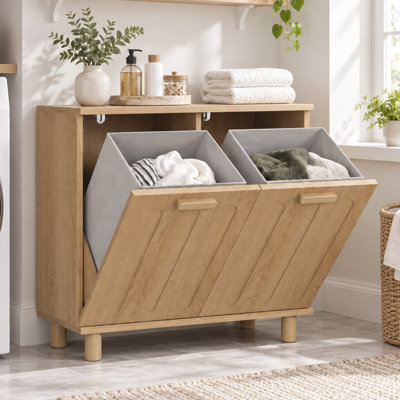Armoire à linge basculante avec paniers amovibles et pieds en bois massif