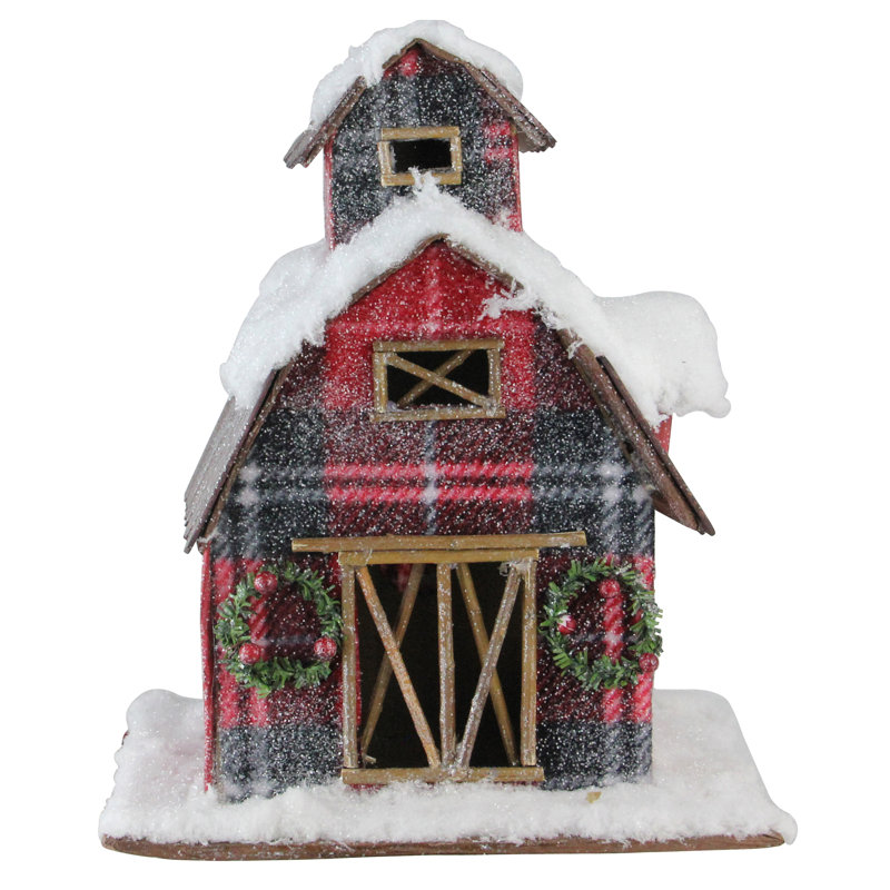 Décoration de Noël grange enneigée à carreaux rouges et blancs 11,75 po
