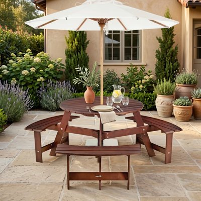 Table de pique-nique ronde 35,5 po avec 3 bancs intégrés et un trou pour parasol, brun