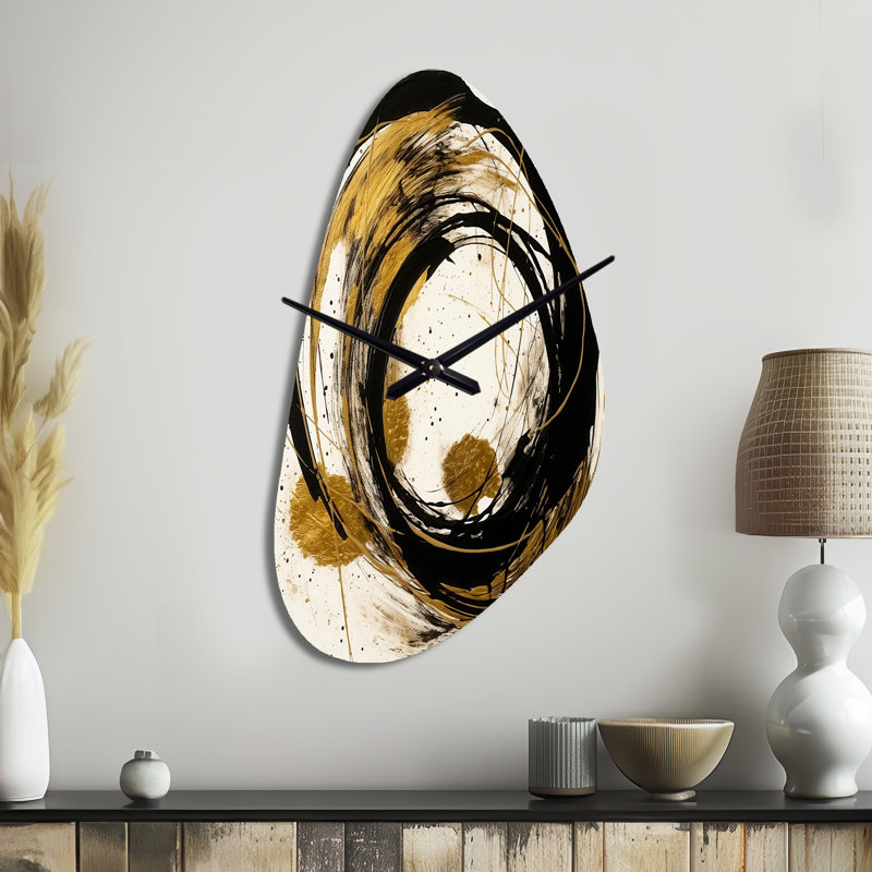 «Stagnaro Black and Gold The Art Of Chaos IV», peinture abstraite, horloge murale asymétrique, Grand