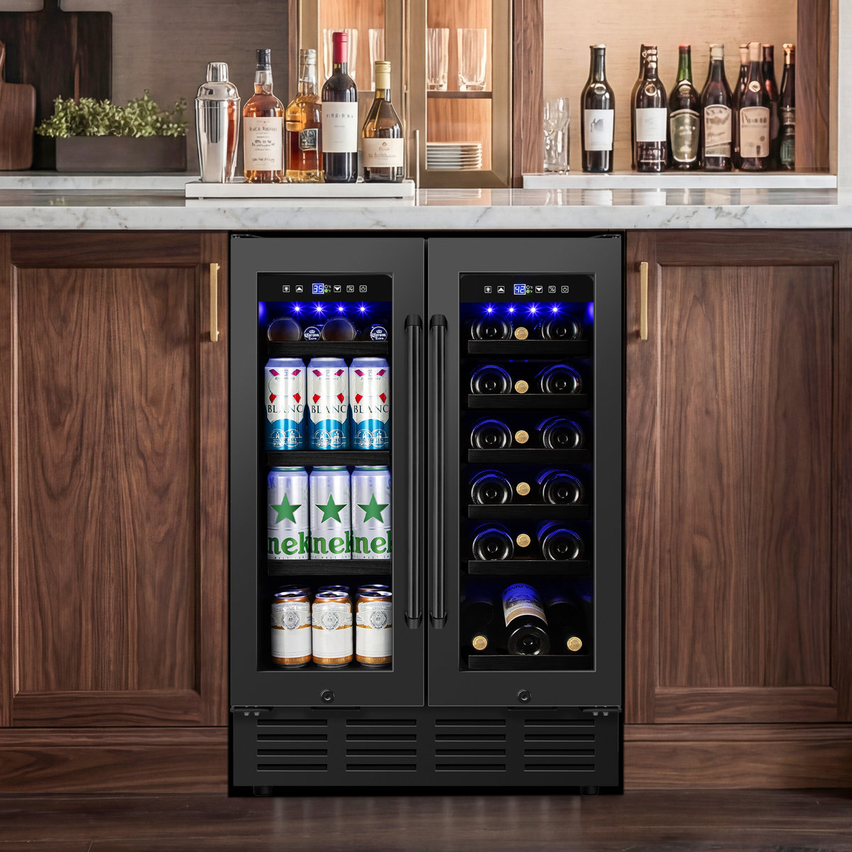 24 Inch Dual Zone Built-In and Freestanding Wine & Beverage Refrigerator - 18 Bottle & 57 Can Capacity, Stainless Steel Frame | Fridge.com