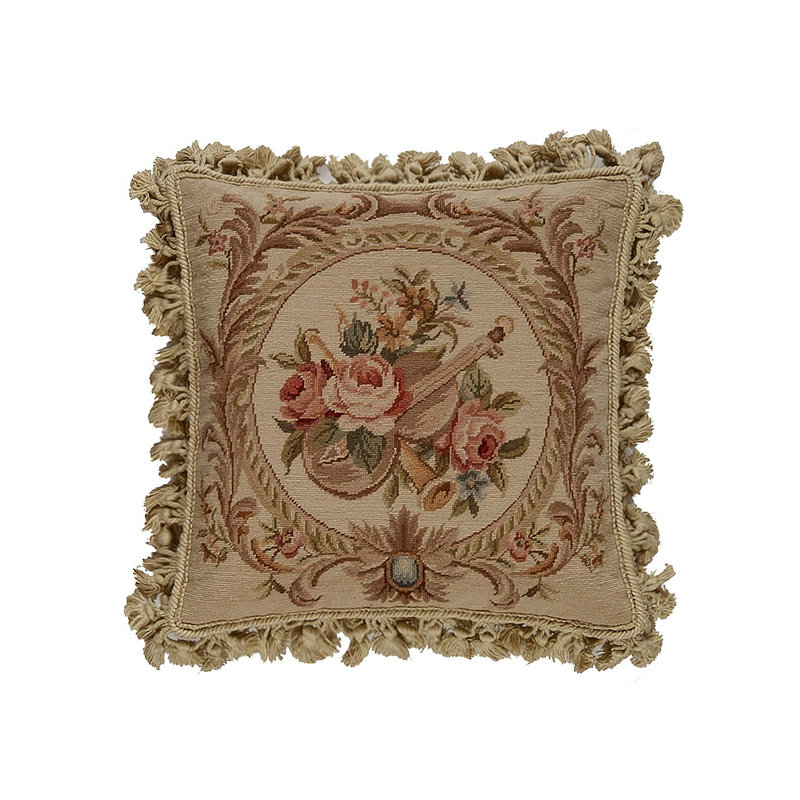 Needlepoint Fringed Reversible Throw Pillow, Beige Floral 1, Square 16"