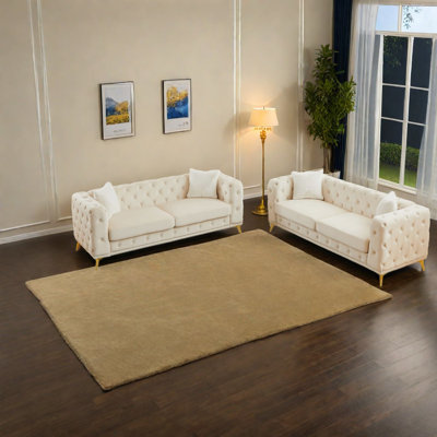 Compression Sofas Set, Beige Velvet 3 Seater Modern Couch For Home