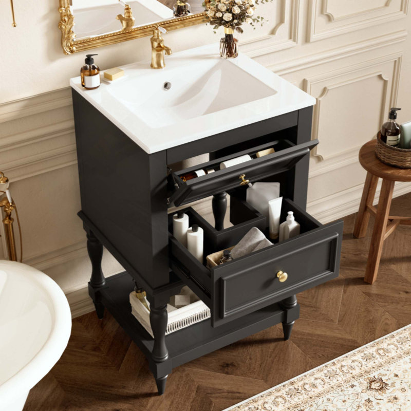 Meuble-lavabo de salle de bain avec lavabo en céramique, armoire de rangement pour salle de bain avec tablette ouverte, armoire de salle de bain rétro avec 2 tiroirs