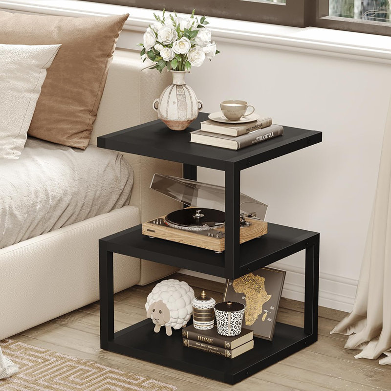 Petite table de chevet en forme de S avec rangement à 3 niveaux, noir