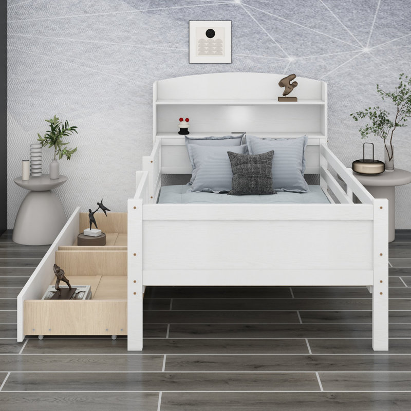 Lit plateforme avec éclairage DEL intégré, tête de lit avec rangement et barrières de sécurité pour chambres, Blanc
