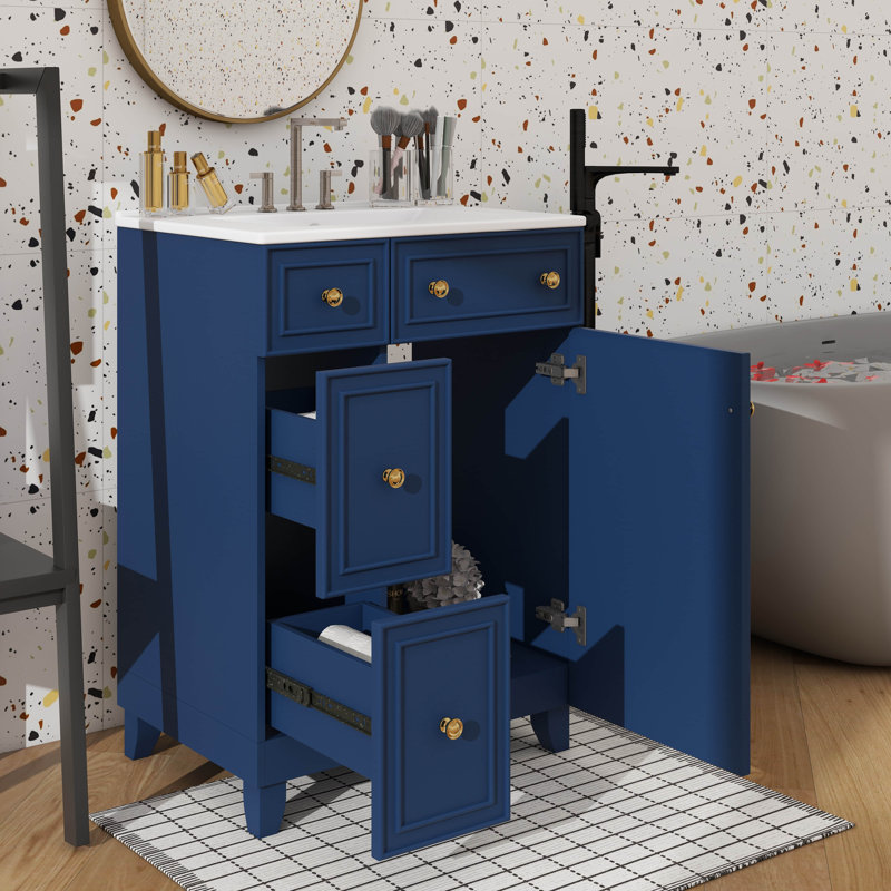 Armoire de meuble-lavabo 24 po avec 2 tiroirs et 1 porte en céramique, Bleu