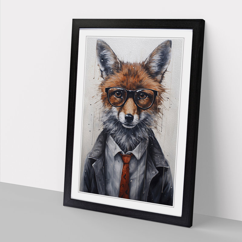 Fox with Glasses Painting - Framed Print, Black, 46cm H x 34cm W x 2cm D