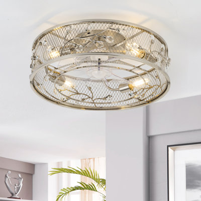 Yemisi 19'' Enclosed Caged Glass Crystal Ceiling Fan with Light and Remote, Low Profile Bladeless 6 Speed, 7 Blades, Flush Mount for Indoor/Covered Outdoor
