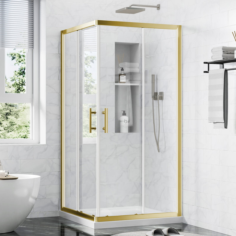 Cabine de douche d'angle 36 "x 36" x 72 "avec portes coulissantes doubles, verre trempé 1/4" avec film de sécurité, largeur réglable et conception imperméable or