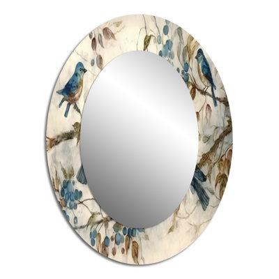Four Vintage Blue Birds On A Branch IV - Animals Oval Decorative Mirror On Metal