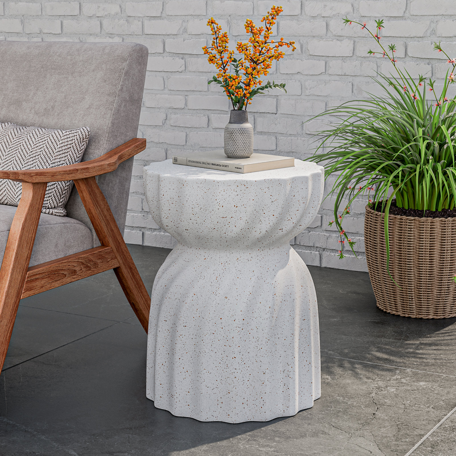 14.2'' Stone Outdoor Side Table, White, 2