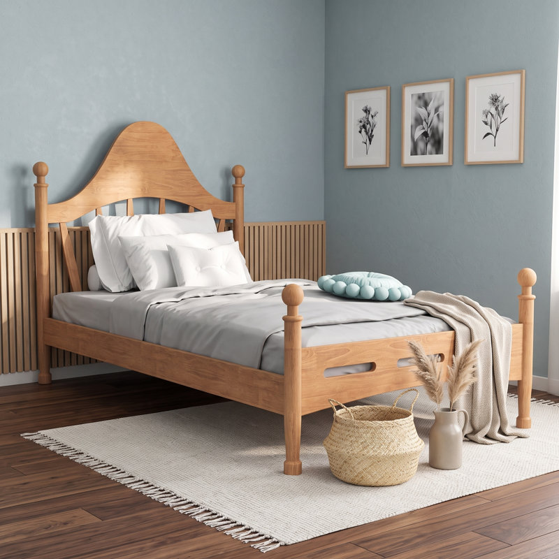 Lit plateforme avec tête de lit courbée élégante et support robuste, Lit simple, Naturel