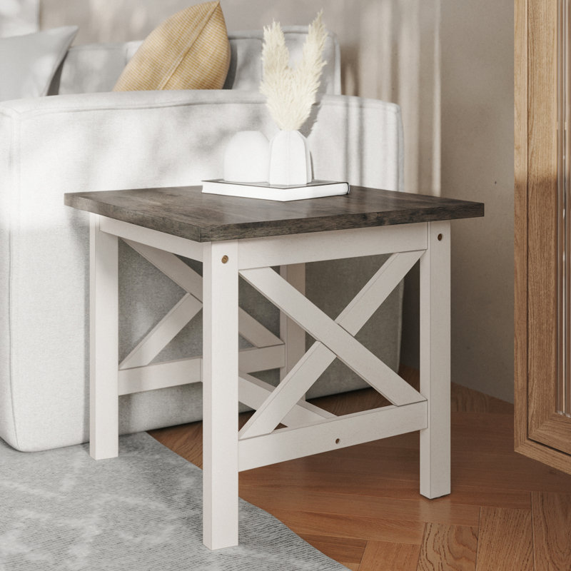 Cudahy Farmhouse Style Solid Wood End Table with Traditional Crisscross Accents, Gray, White