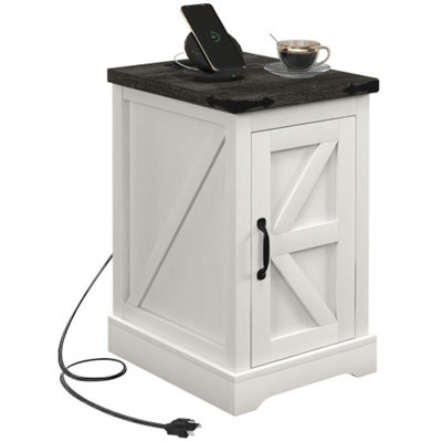 End Table with Charging Station and USB Ports, Farmhouse Side Table with Storage Cabinet for Living Room,wood