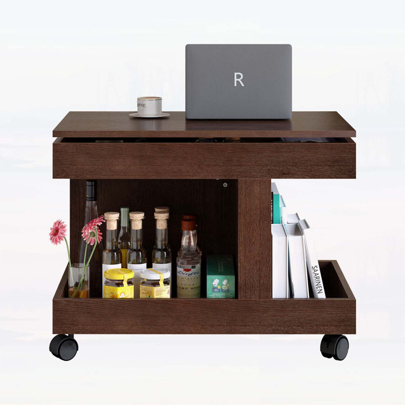 Petite table basse avec roulettes, bureau rotatif à 360 °, table d'appoint multifonctionnelle avec rangement, table de chevet mobile pour meubles de maison, noyer