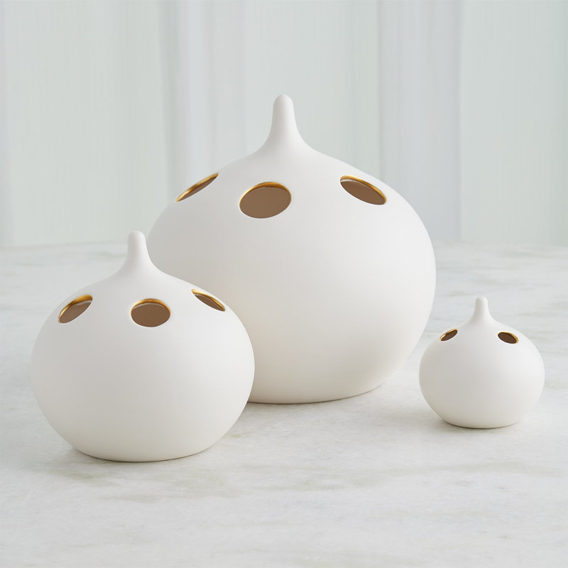 Oh No Handmade Earthenware Table Vase, Matte White/Gold, 6.5" H x 6.5" W x 6.5" D