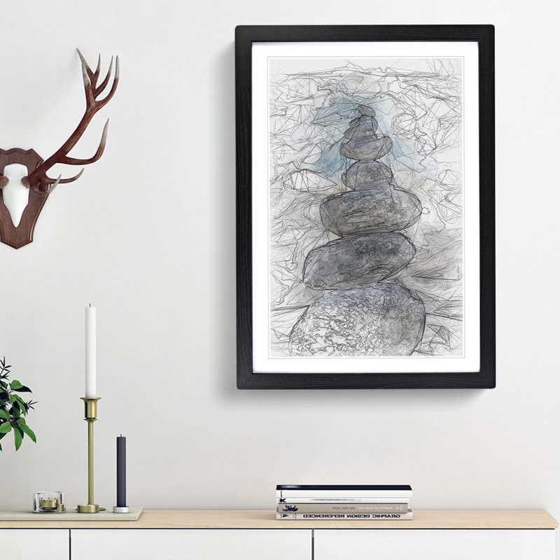 Stacked Zen Stones in Abstract - Picture Frame Graphic Art Print, 65cm H x 48cm W x 2cm D, Black Framed