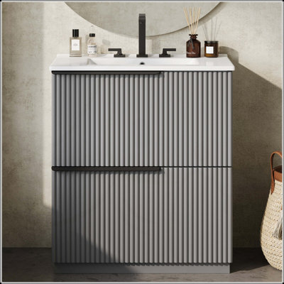 Meuble-lavabo autoportant de 30 pouces avec lavabo en céramique, tiroirs à fermeture en douceur à extension complète et conception cannelée