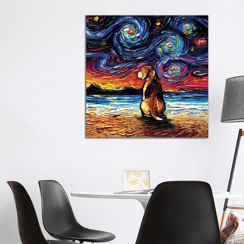 «Beagle Night II» par Aja Treves - reproduction d'art, H 37 po x l 37 po x P 1,5 po, Toile tendue, Pas de tapis
