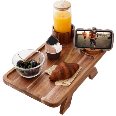 Couch Cup Holder Tray,Acacia Wood Sofa Arm Clip On Tray Table With 360°Rotated Phone Holder On Armrest(Acacia)