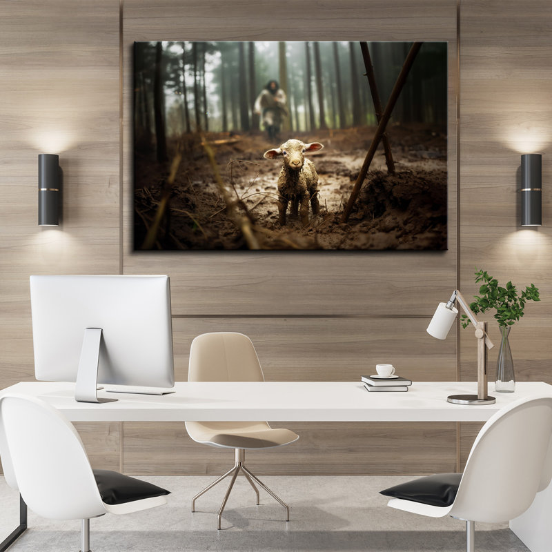Jésus-Christ cherchant un agneau perdu encadré sur toile, H 24 po x l 36 po