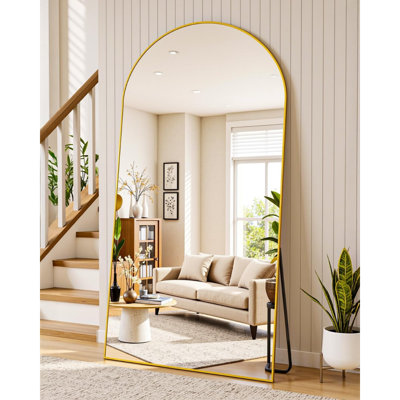 Full Length Mirror, 76"X34" Floor Standing Mirror, Full Body Mirror With Stand For Bedroom, Hanging Or Wall Mounted For Living Room, Cloakroom, Gold, Arched Style