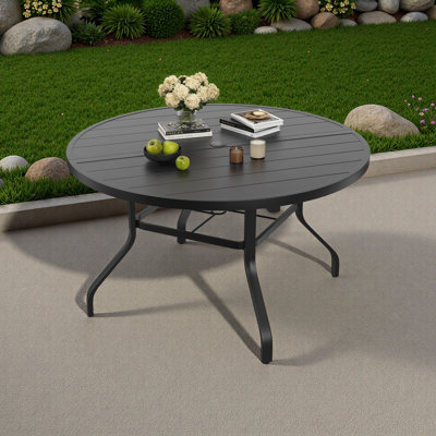 Table de salle à manger ronde pour l'extérieur, table ronde de 47 po à grain de bois avec trou pour parasol de 1,57 po, tables de salle à manger d'extérieur en métal pour la cour et le bord de la piscine