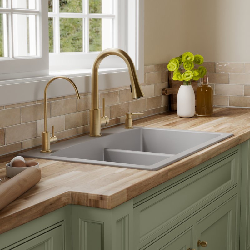 Ensemble d'évier de cuisine à double cuve à montage sur le dessus 60/40 Karran Quartz 33 "X 22", Gris