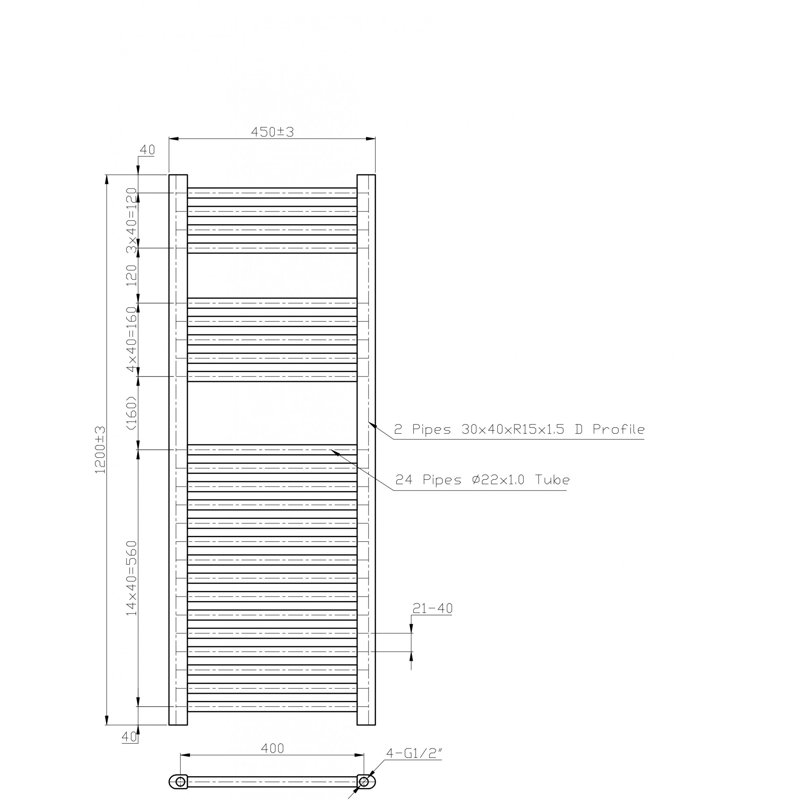 Piche 1200mmx450mm Vertical Straight  Heated Towel Rail Radiator, White