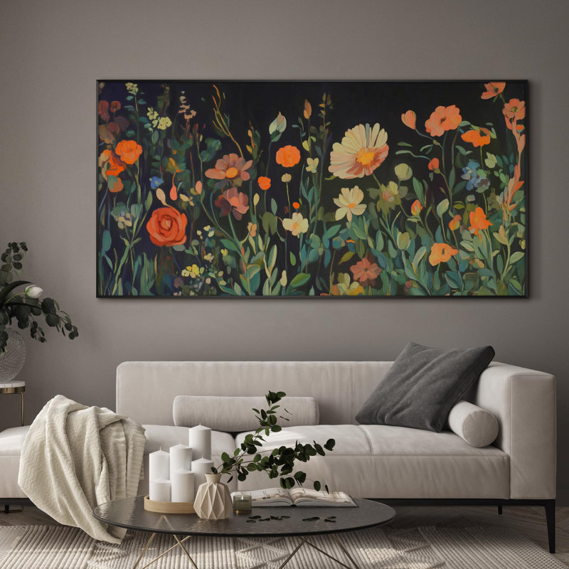 Extra Large Wall Art Fabric Print - Vibrant Wildflower Garden on Dark Background Artwork Decor for Living Room or Bedroom - "Frame Assembly Required (Unfinished Frame)"