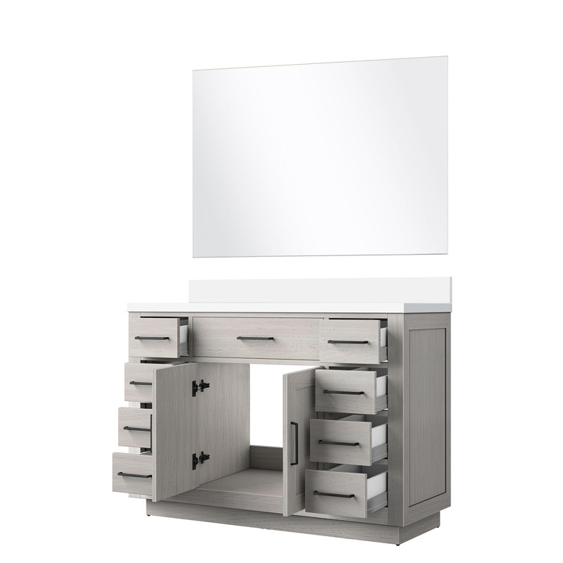 48 po Large meuble-lavabo simple en chêne blanc, surface en quartz, miroir de 43 po x H 24 po et cadre en bois de chêne massif, profondeur 22 po, avec comptoir, tiroirs à fermeture douce