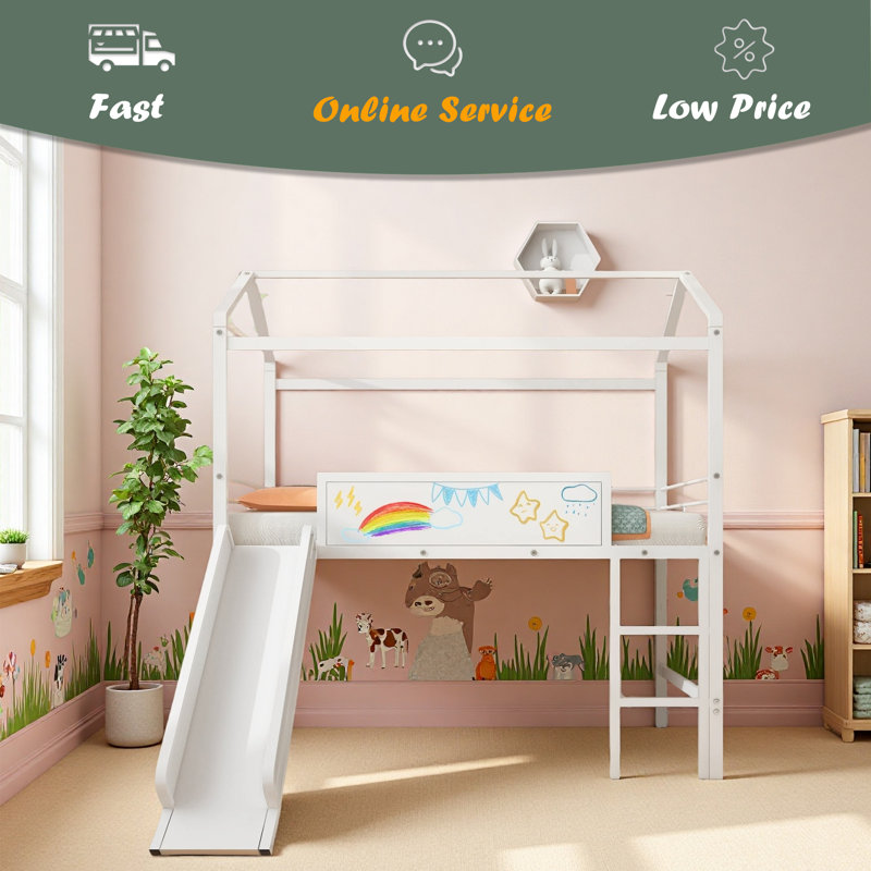 Metal House Bed With Slide, Twin Size Metal Loft Bed With Two-Sided Writable Wooden Board, White