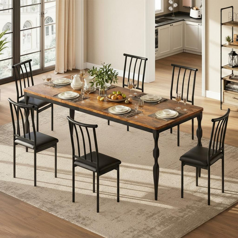 Grande table de salle à manger rectangulaire de 78 po pour 6 à 8 personnes - Plateau en bois robuste - Pieds en métal robustes - Style campagnard industriel - Parfait pour la salle à manger ou la cuisine - Noyer brun rustique - Couleur classique + noir