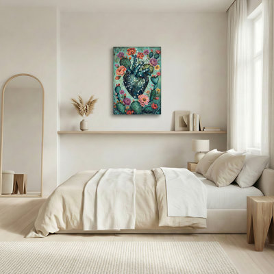Ensemble de 1 tableau sur toile tendue représentant un cœur floral et un cactus