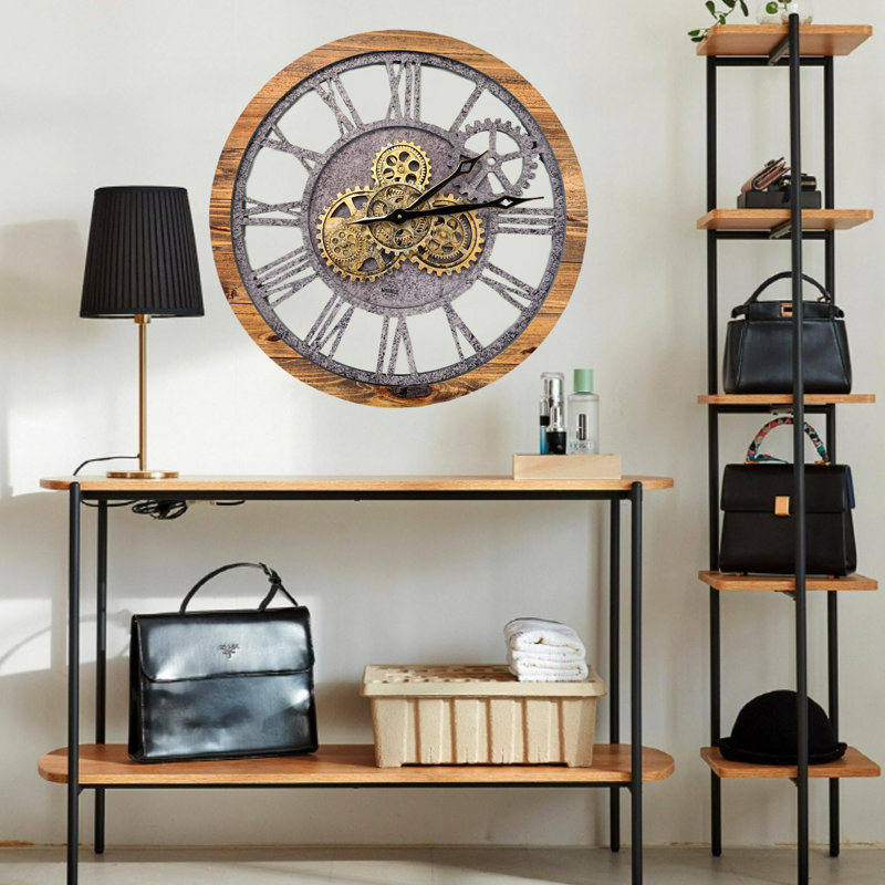 24" Rustic Wood and Stone Oversized Wall Clock with Moving Gears