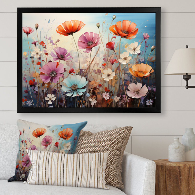 Symphonie florale sauvage, pointillisme, H 34 po x l 44 po x P 1,5 po, Cadre simple noir