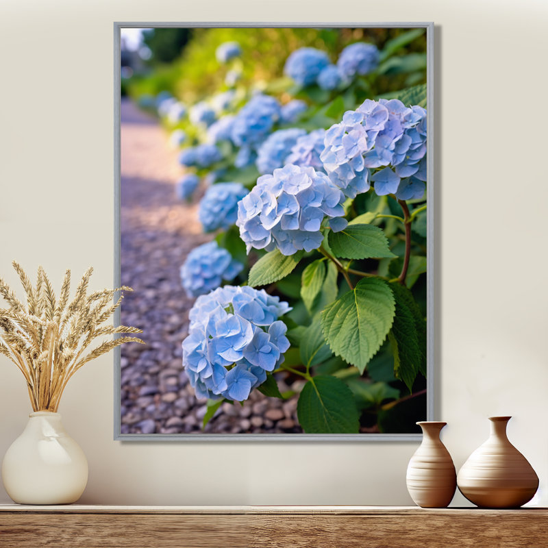 Fleurs bleues d'hortensia - art mural floral, H 32 po x l 24 po x P 1 po, Encadrement argenté