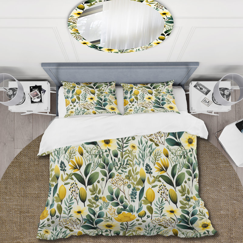Ensemble de housse de couette Botanical Ferns In Green and Yellow, Housse de couette simple + 1 taie décorative stan