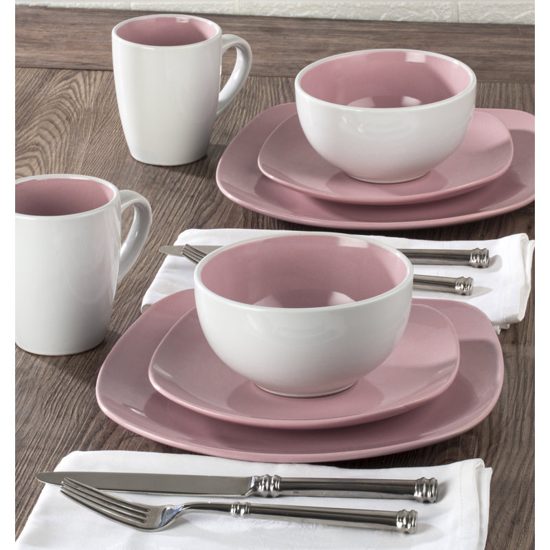 Nova Piece Ceramic Dinnerware Set - Service for 4, Pink/White