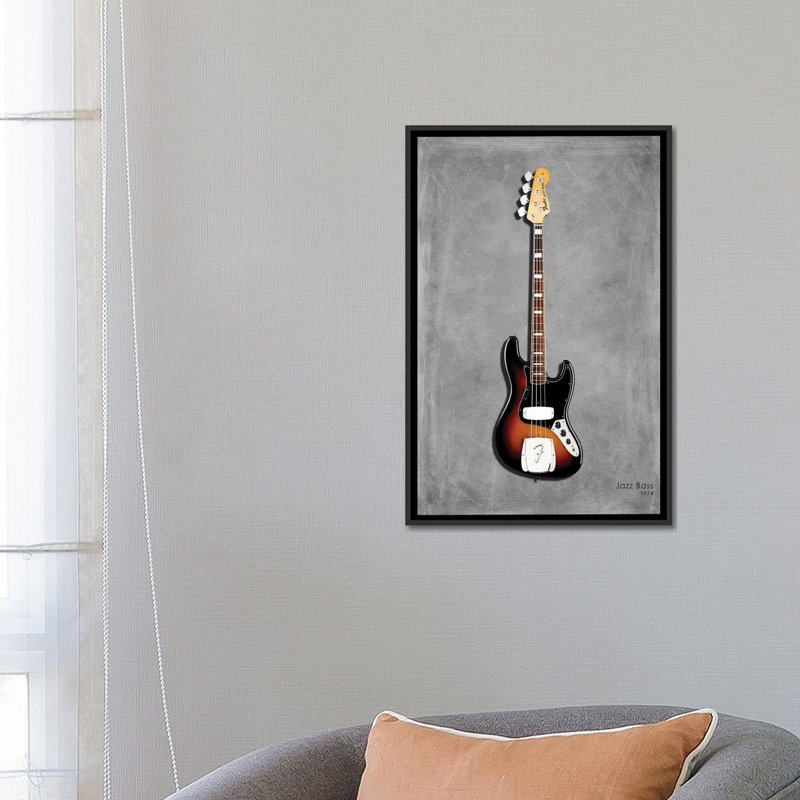 «Fender Jazz Bass 74», impression sur toile tendue, H 26 po x l 18 po x P 1,5 po, Toile avec cadre noir, Pas de tapis