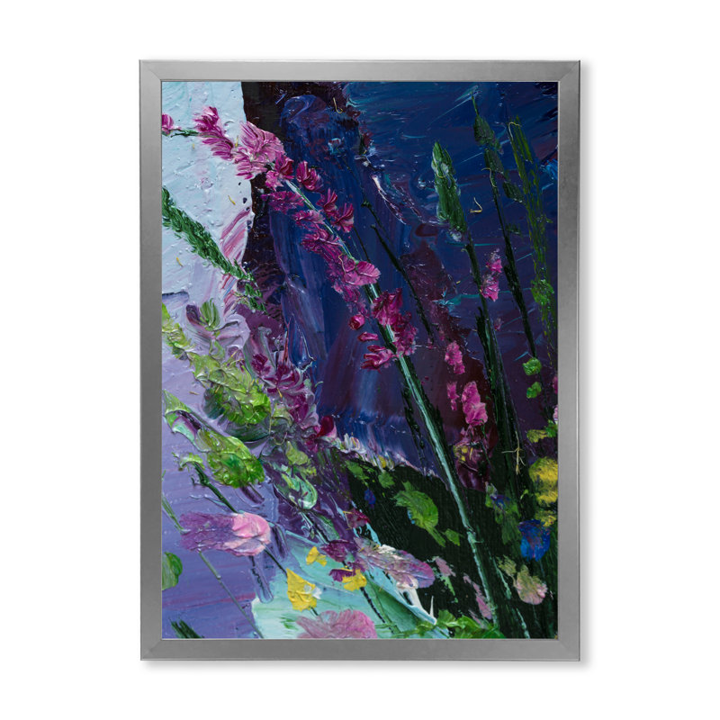 Décoration murale abstraite mauve et verte II - Toile traditionnelle, Cadre photo argenté, H 36 po x l 24 po x P 1 po
