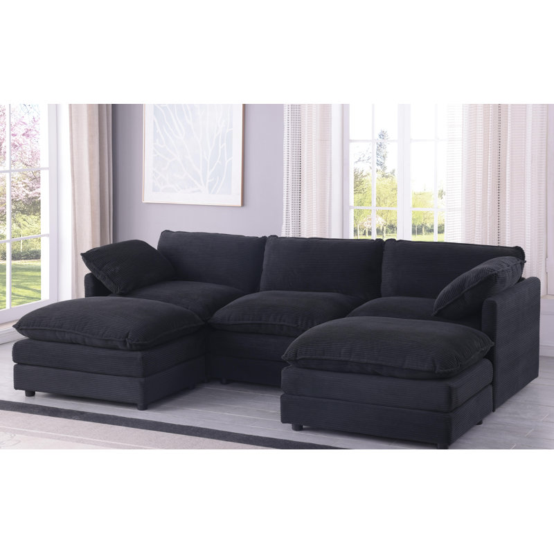 6 - Piece U Shape Sectional Sofa Cloud Couch With Removable Ottomans, Black Corduroy