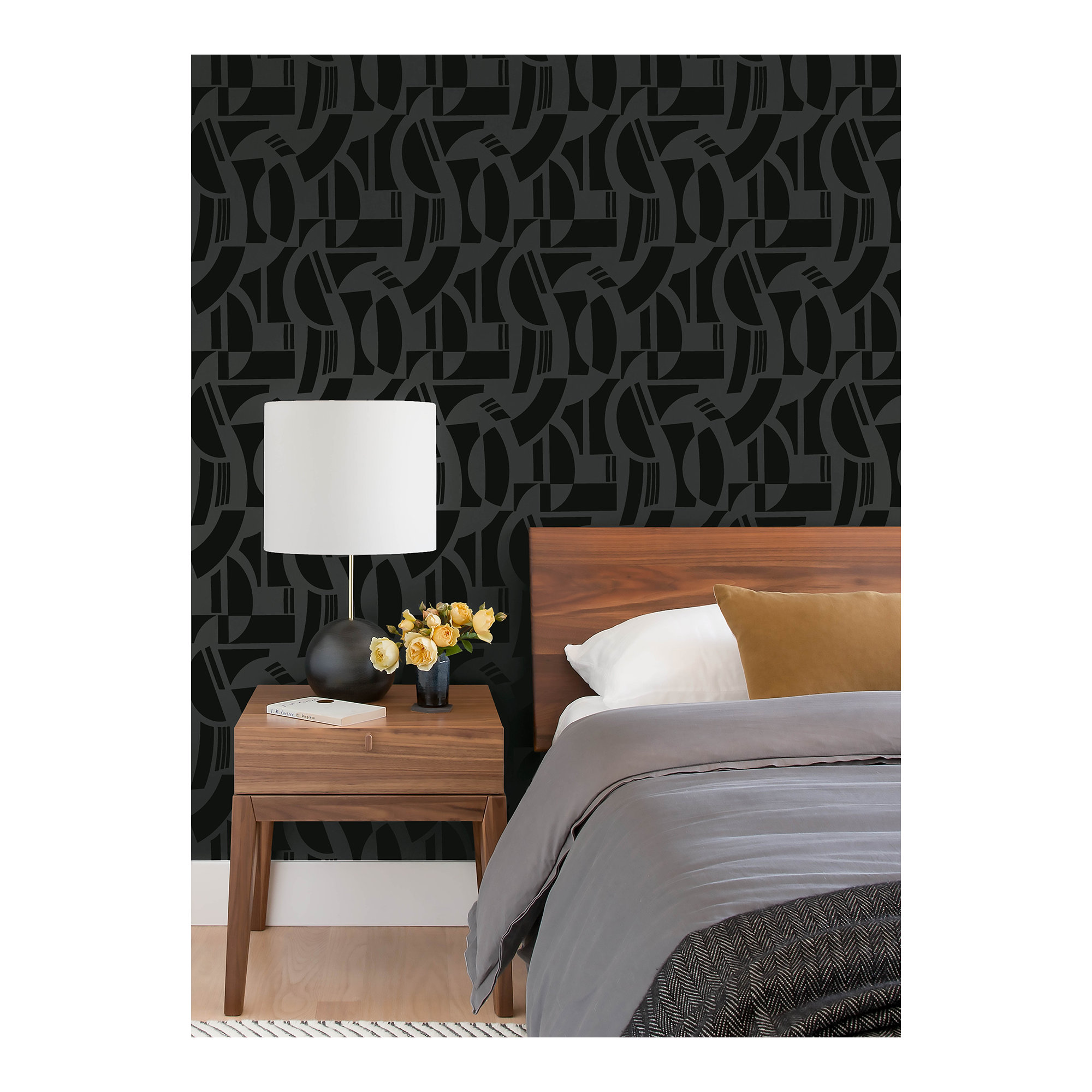 Carter Geometric Flock Wallpaper, Black