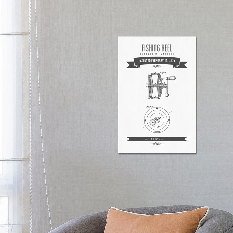 Charles W. MacCord Fishing Reel Patent Sketch Retro (Charcoal) by Aged Pixel - Wrapped Canvas Gallery-Wrapped Canvas Giclée