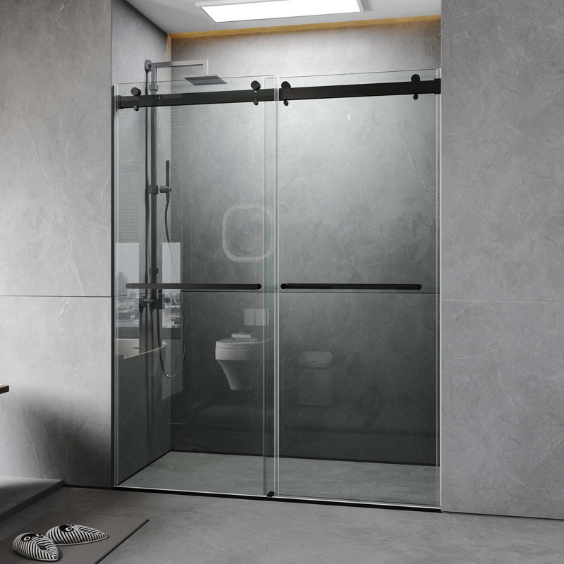 Porte de douche sans cadre, porte de douche coulissante double avec verre trempé épais 3/8 po de qualité supérieure, acier inoxydable