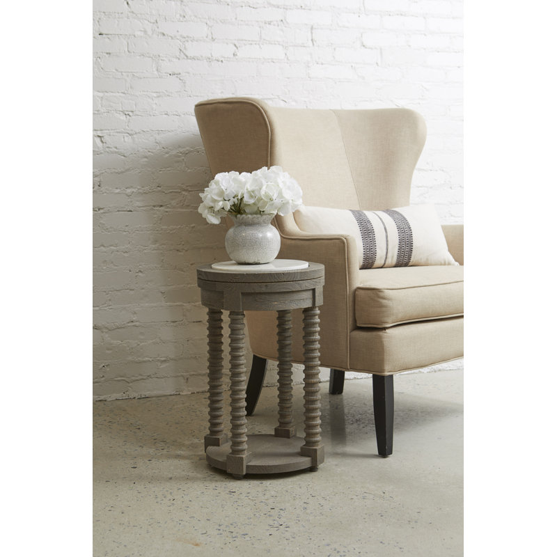Gray and White Round Wood and Marble Spindle Table